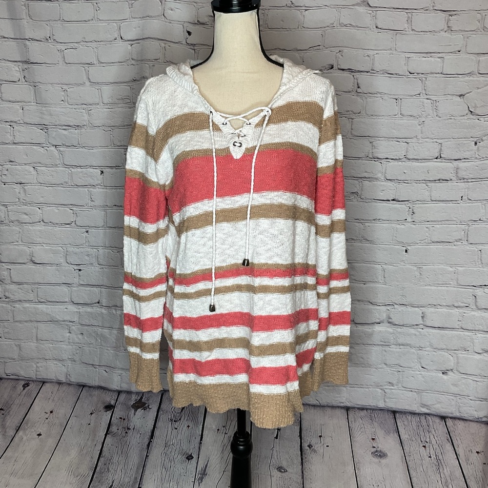 Faded Glory Coastal Bohemian Knit Hooded Sweater Salmon Tan Off White XXL